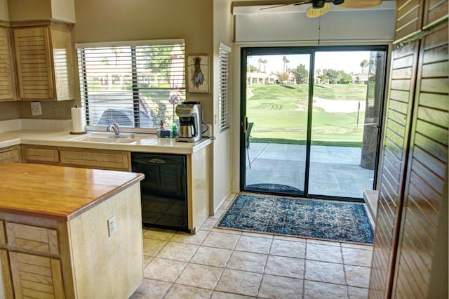 kitchen featuring ceiling fan, plenty of natural light, sink, and black dishwasher