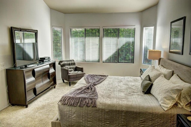 bedroom with light colored carpet and multiple windows