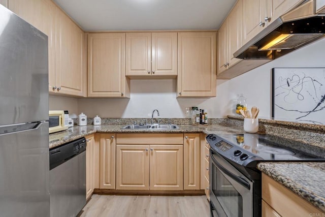 kitchen with stone countertops, stainless steel appliances, light hardwood / wood-style flooring, and sink