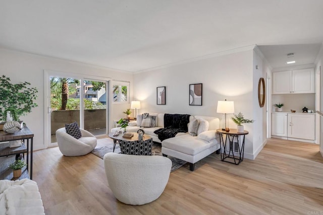 living room with ornamental molding and light hardwood / wood-style flooring