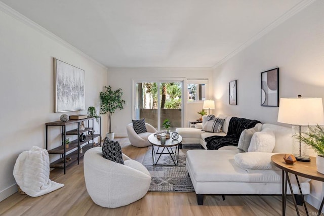 living room with light hardwood / wood-style floors and crown molding