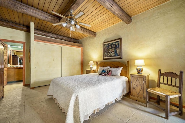 bedroom featuring beam ceiling, ceiling fan, and wooden ceiling