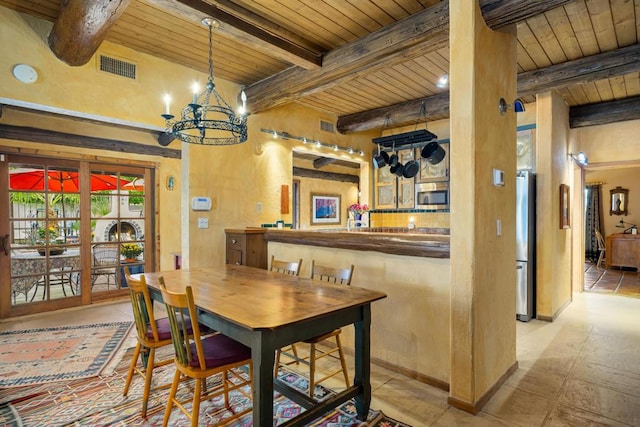 dining room featuring beamed ceiling, a chandelier, and wood ceiling