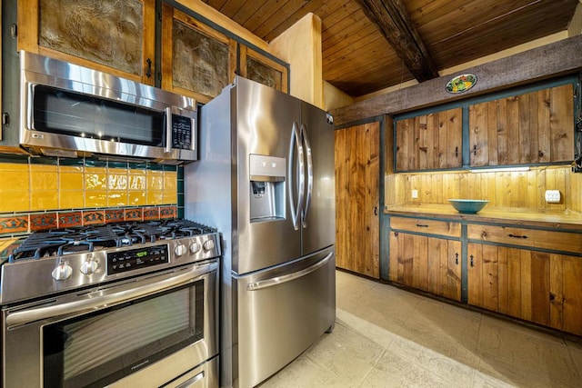 kitchen featuring beam ceiling, wooden ceiling, appliances with stainless steel finishes, and tasteful backsplash