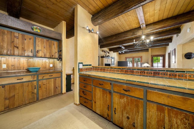 interior space featuring tile countertops, ceiling fan with notable chandelier, beam ceiling, and wooden ceiling