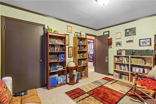 living area featuring crown molding, light colored carpet, and a textured ceiling