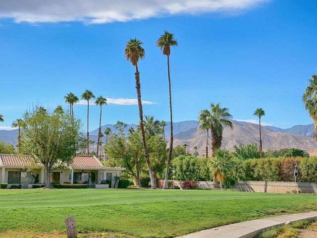 view of home's community with a mountain view and a yard