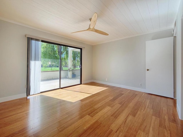 unfurnished room with ceiling fan, light hardwood / wood-style flooring, and wooden ceiling