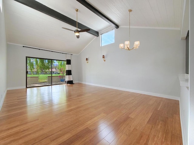 unfurnished living room featuring light hardwood / wood-style flooring, ceiling fan with notable chandelier, a wealth of natural light, and beamed ceiling