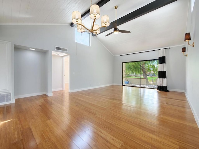 unfurnished living room with wood ceiling, high vaulted ceiling, ceiling fan with notable chandelier, beamed ceiling, and light wood-type flooring