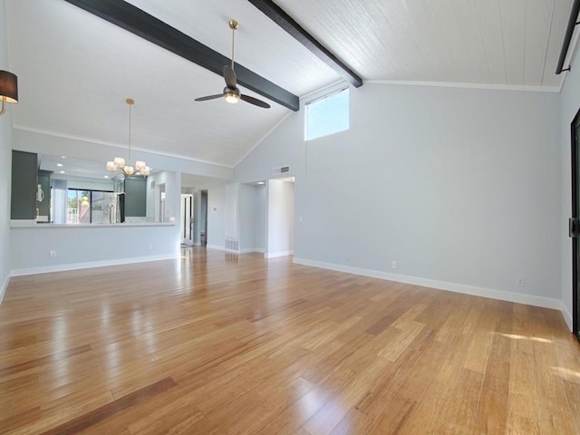 unfurnished living room featuring high vaulted ceiling, beam ceiling, light hardwood / wood-style floors, and ceiling fan with notable chandelier