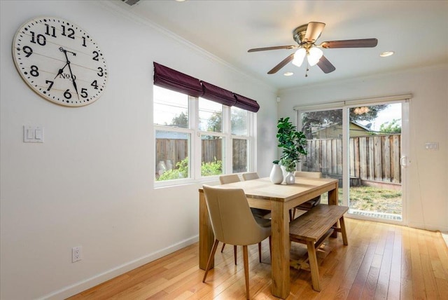 dining room featuring light hardwood / wood-style floors, ornamental molding, and ceiling fan