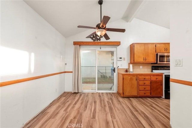 kitchen featuring beamed ceiling, light hardwood / wood-style flooring, white electric stove, and ceiling fan