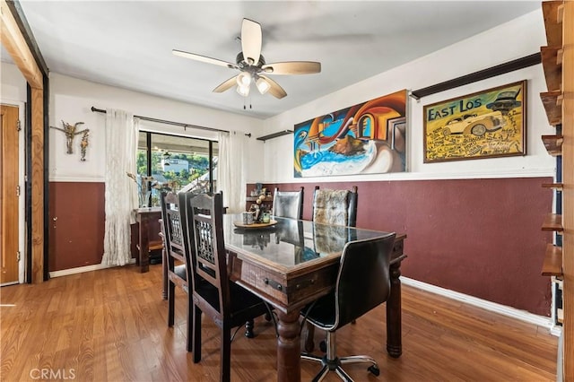 dining room with hardwood / wood-style floors and ceiling fan