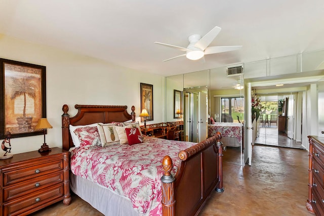 bedroom featuring concrete flooring and ceiling fan