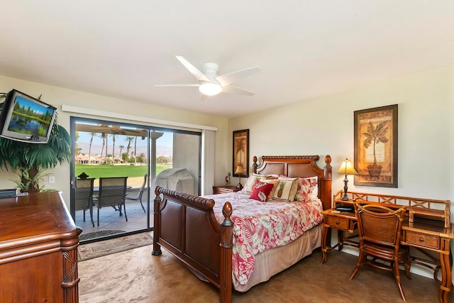 bedroom featuring access to exterior and ceiling fan