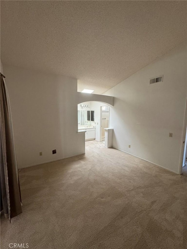 carpeted spare room featuring lofted ceiling and a textured ceiling