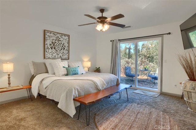 bedroom with carpet floors, access to exterior, and ceiling fan