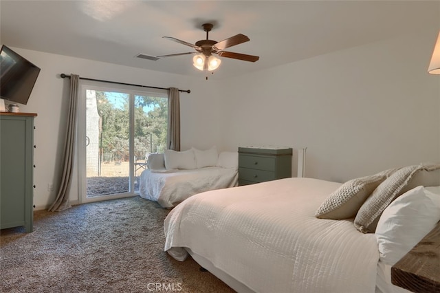 carpeted bedroom with access to exterior and ceiling fan