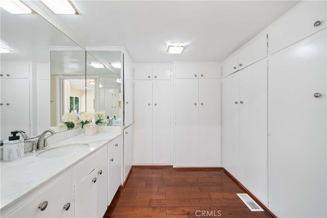 bathroom with hardwood / wood-style flooring and vanity