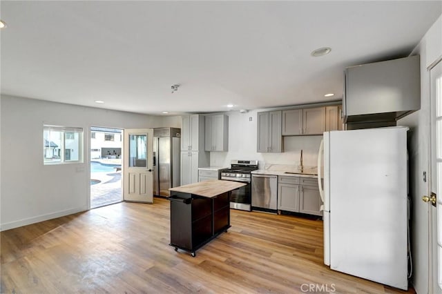 kitchen featuring gray cabinetry, stainless steel appliances, sink, a center island, and light hardwood / wood-style floors