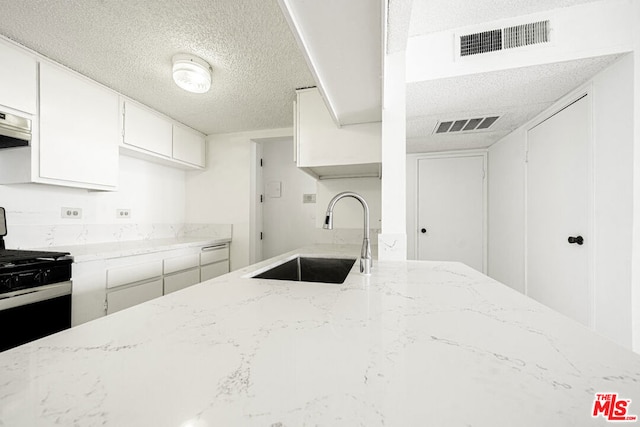 kitchen with sink, light stone counters, white cabinets, exhaust hood, and range