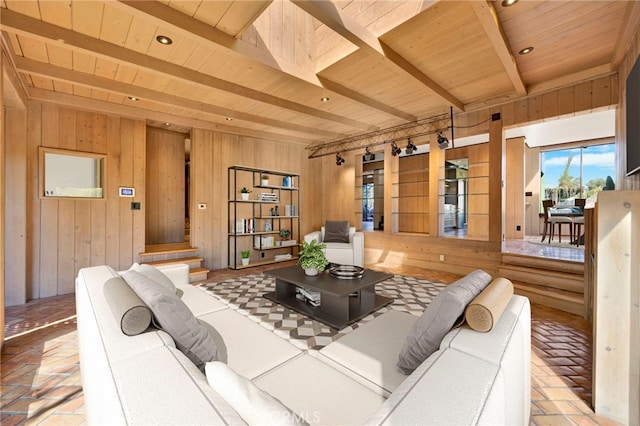 living room featuring beamed ceiling, wooden ceiling, and wood walls