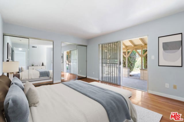 bedroom featuring hardwood / wood-style floors, access to exterior, and a closet