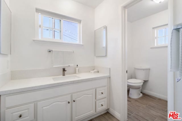 bathroom featuring toilet, vanity, and hardwood / wood-style flooring