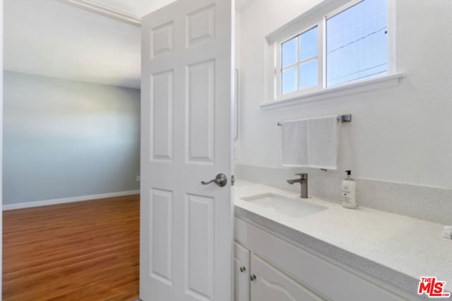 bathroom featuring vanity and wood-type flooring