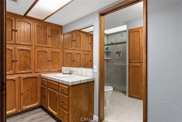 bathroom with toilet, vanity, and walk in shower