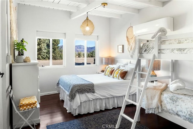 bedroom with a wall mounted AC, wooden ceiling, lofted ceiling with beams, and dark hardwood / wood-style floors