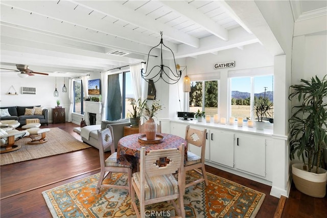 dining room featuring beam ceiling, dark hardwood / wood-style flooring, wood ceiling, and ceiling fan with notable chandelier