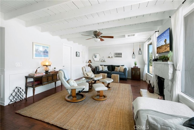 living room featuring ceiling fan, beam ceiling, dark hardwood / wood-style flooring, and wooden ceiling