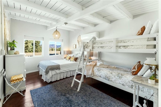 bedroom featuring beam ceiling, wooden ceiling, a wall unit AC, and dark wood-type flooring