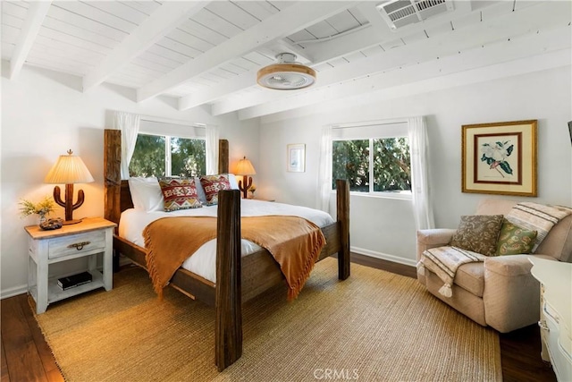 bedroom with beam ceiling, light hardwood / wood-style flooring, multiple windows, and wood ceiling