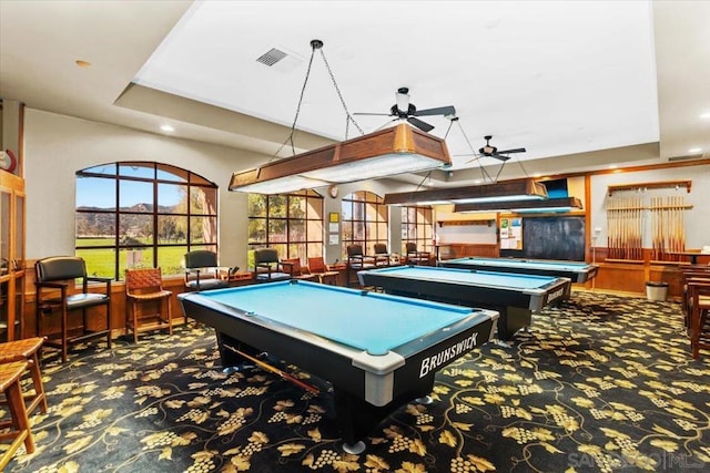 game room with carpet floors, billiards, a tray ceiling, and ceiling fan