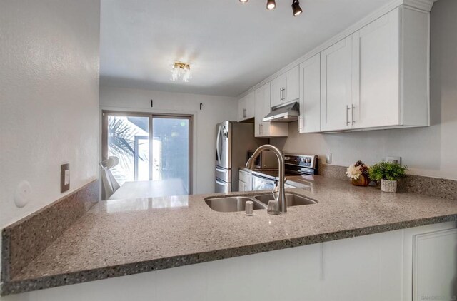 kitchen featuring sink, electric range, stone countertops, white cabinetry, and kitchen peninsula