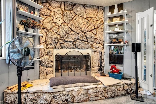 living room featuring a stone fireplace