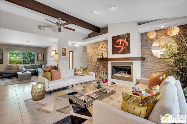 living room featuring ceiling fan, light tile patterned floors, and vaulted ceiling with beams