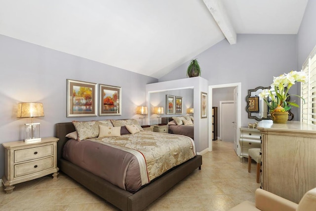 bedroom with lofted ceiling with beams