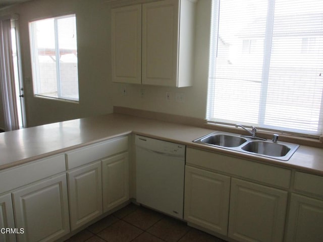 kitchen with white dishwasher, white cabinets, sink, dark tile patterned floors, and kitchen peninsula