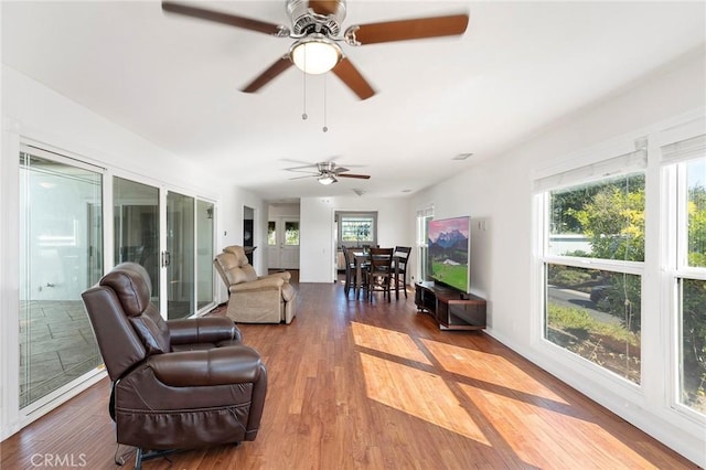 living room with wood-type flooring and ceiling fan