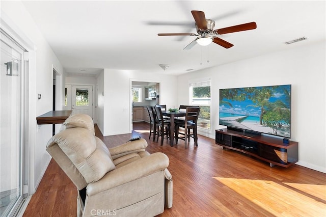 living room with ceiling fan and wood-type flooring