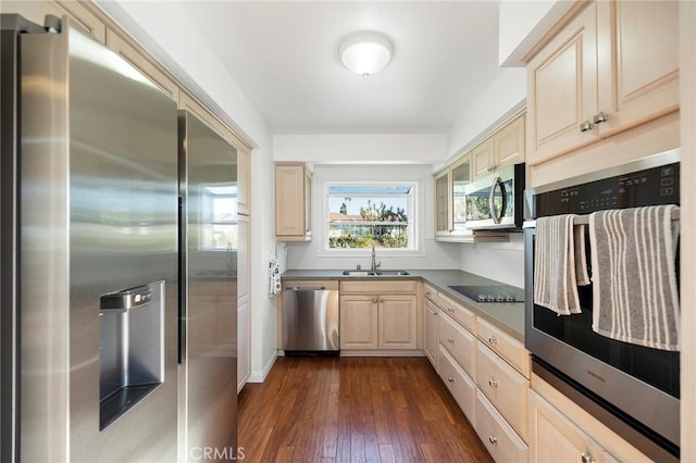 kitchen featuring light brown cabinets, dark wood-type flooring, sink, decorative backsplash, and appliances with stainless steel finishes