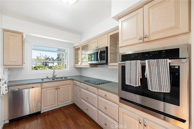 kitchen with sink, dark hardwood / wood-style flooring, backsplash, light brown cabinetry, and appliances with stainless steel finishes