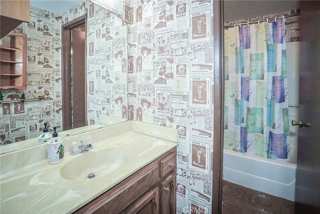 bathroom featuring vanity, shower / bath combination with curtain, and tile patterned floors