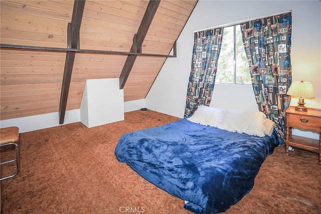 carpeted bedroom with lofted ceiling with beams and wooden ceiling