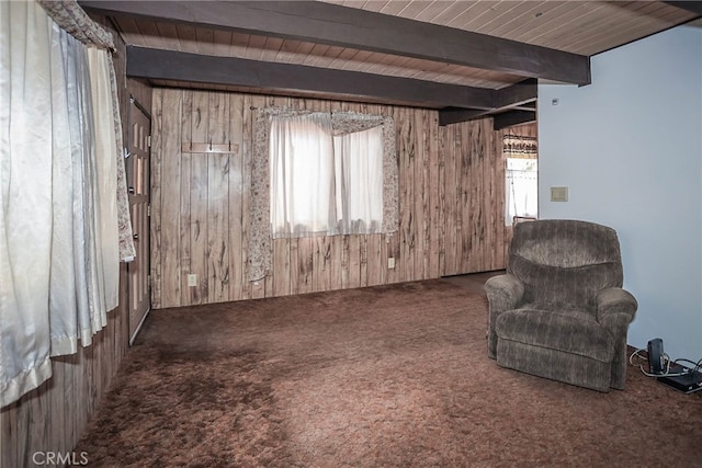 unfurnished room with wooden ceiling, carpet, beamed ceiling, and wooden walls