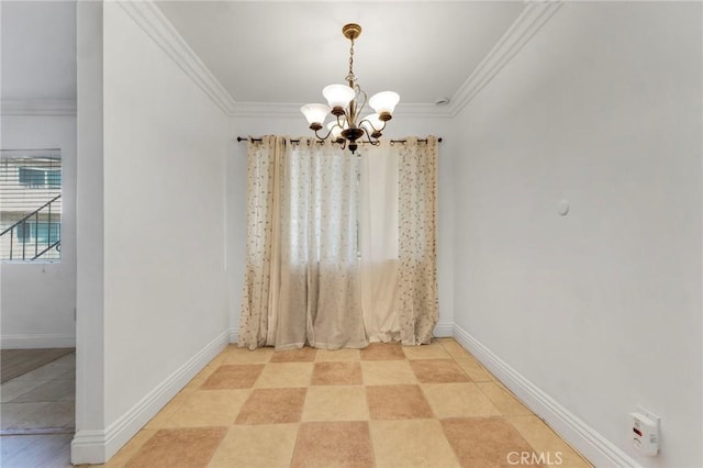 unfurnished dining area featuring ornamental molding and a notable chandelier